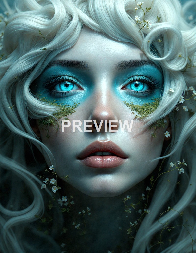 A close-up of a woman with striking icy blue eyes, platinum blonde wavy hair decorated with small white flowers, and vibrant blue makeup around her eyes, surrounded by delicate greenery and tiny white blossoms.